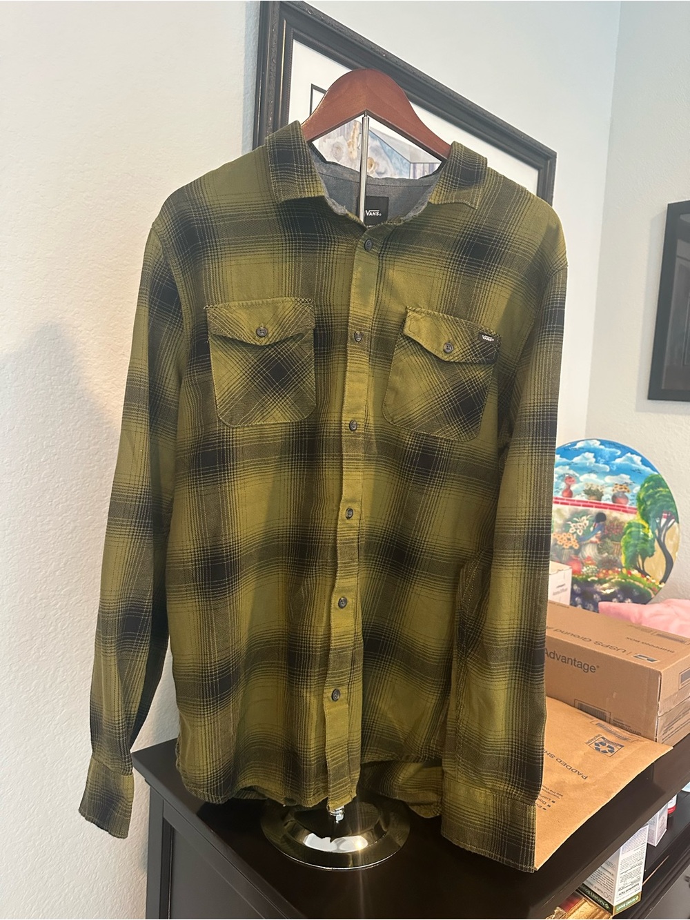 Vans Monterey III Button-Up Flannel Shirt Black Gothic Olive Shadow Plaid Size L